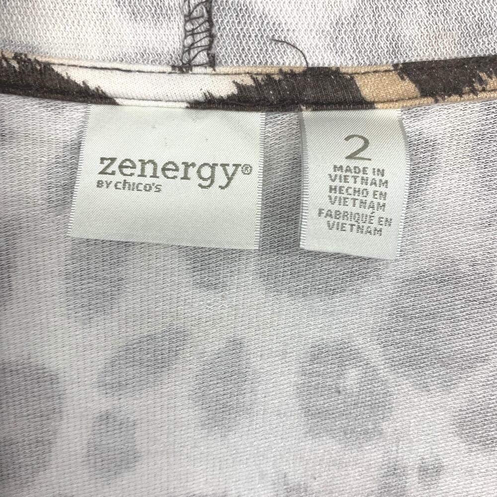 Chico's Zenergy Sz 2 Large Leopard Print Open Front Duster Cardigan Velour Trim - Picture 3 of 8
